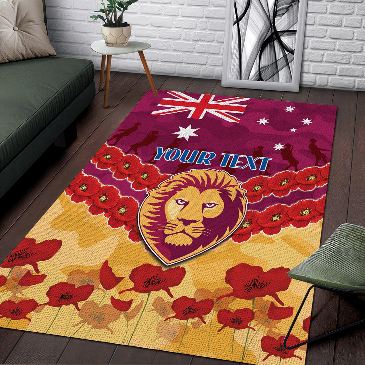 Custom Brisbane Lions Football Area Rug ANZAC Lest We Forget - Vibe Hoodie Shop