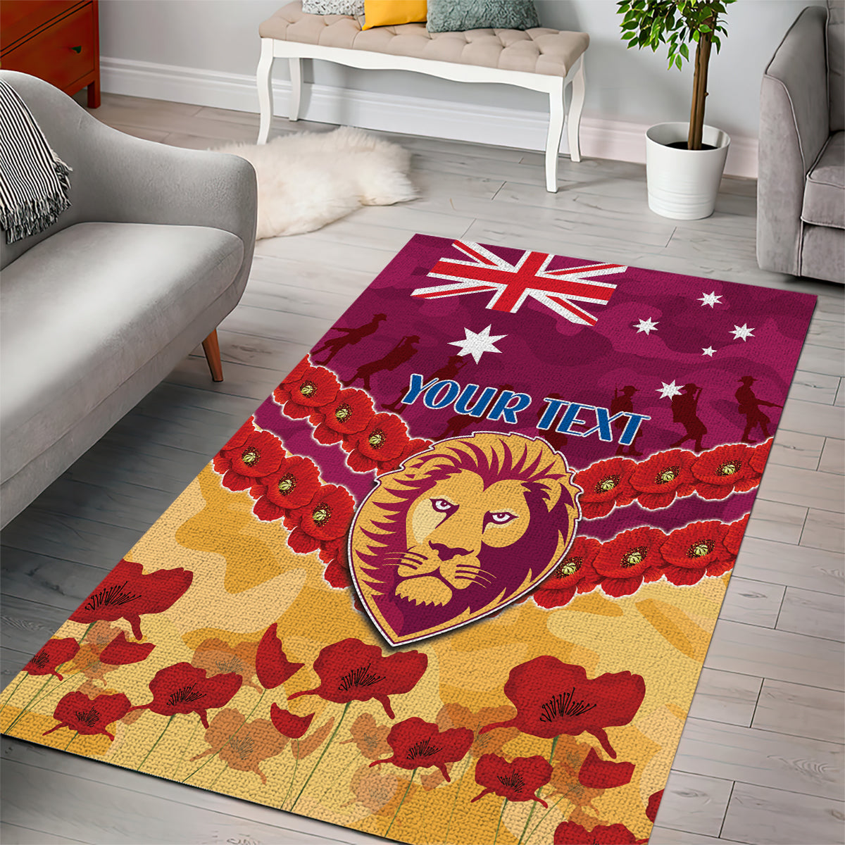 Custom Brisbane Lions Football Area Rug ANZAC Lest We Forget - Vibe Hoodie Shop