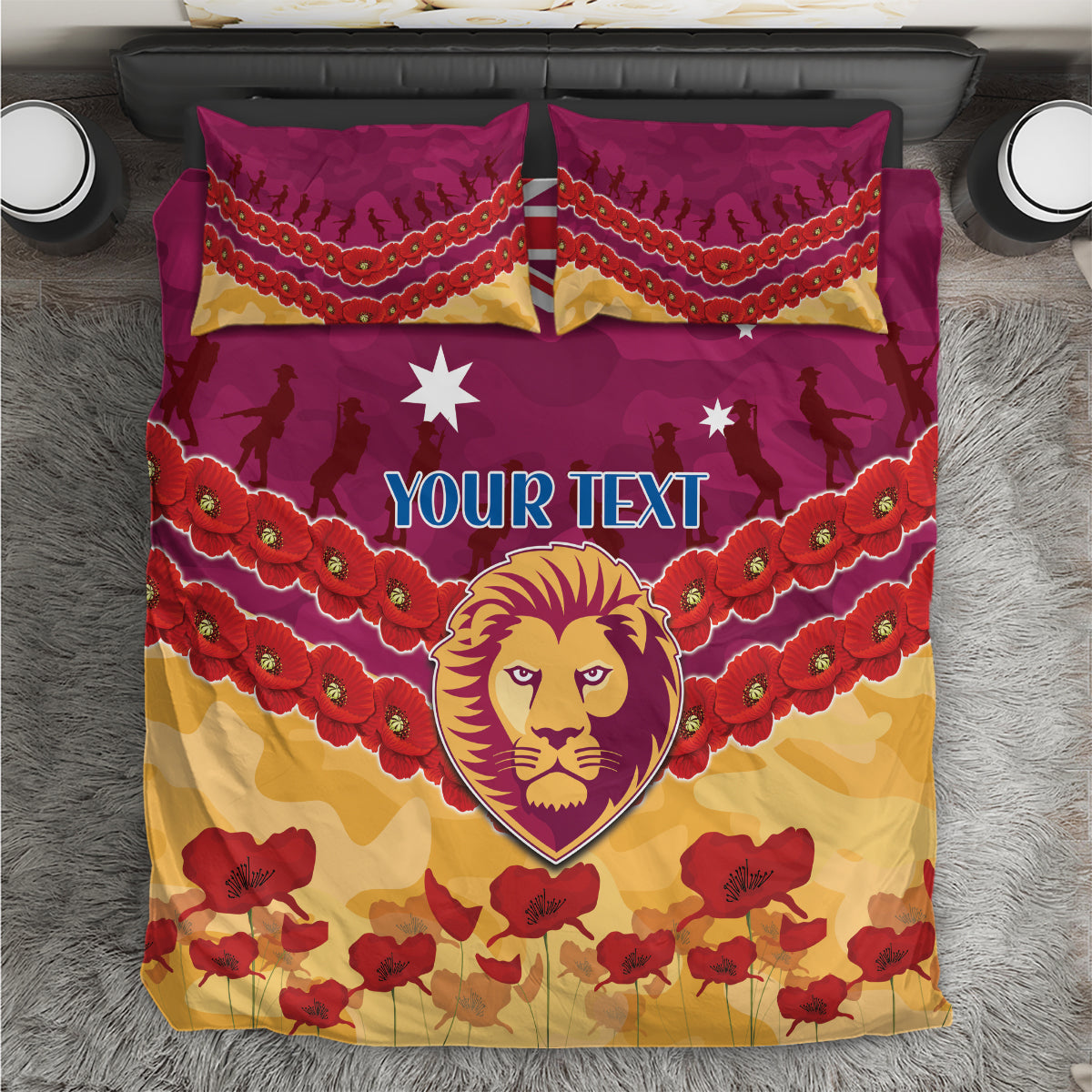 Custom Brisbane Lions Football Bedding Set ANZAC Lest We Forget - Vibe Hoodie Shop