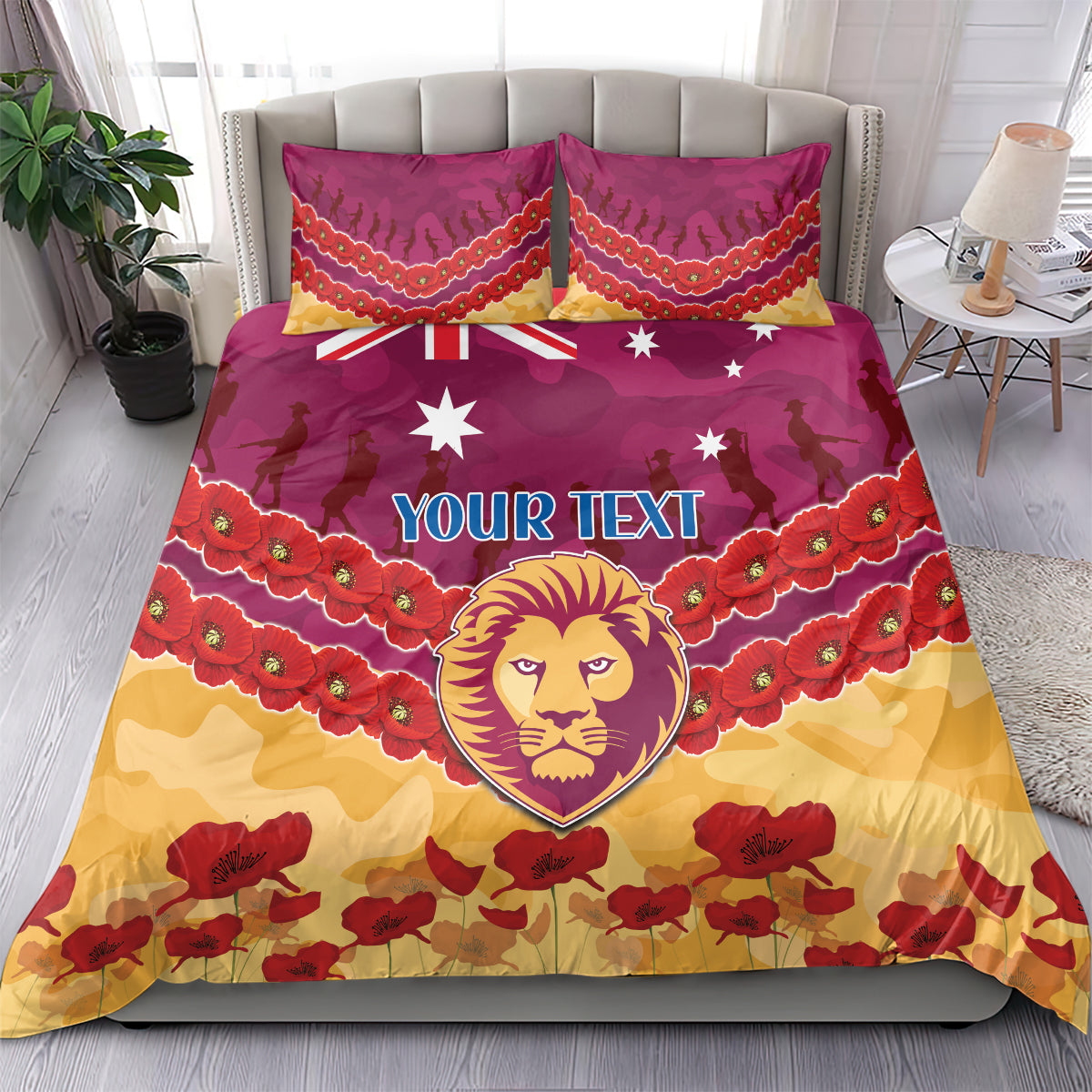 Custom Brisbane Lions Football Bedding Set ANZAC Lest We Forget - Vibe Hoodie Shop
