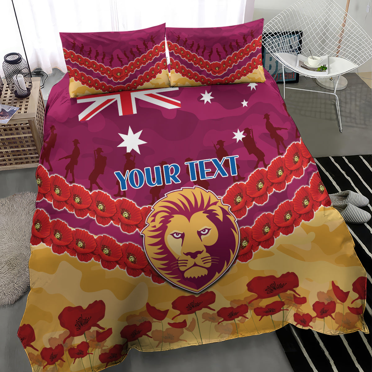 Custom Brisbane Lions Football Bedding Set ANZAC Lest We Forget - Vibe Hoodie Shop
