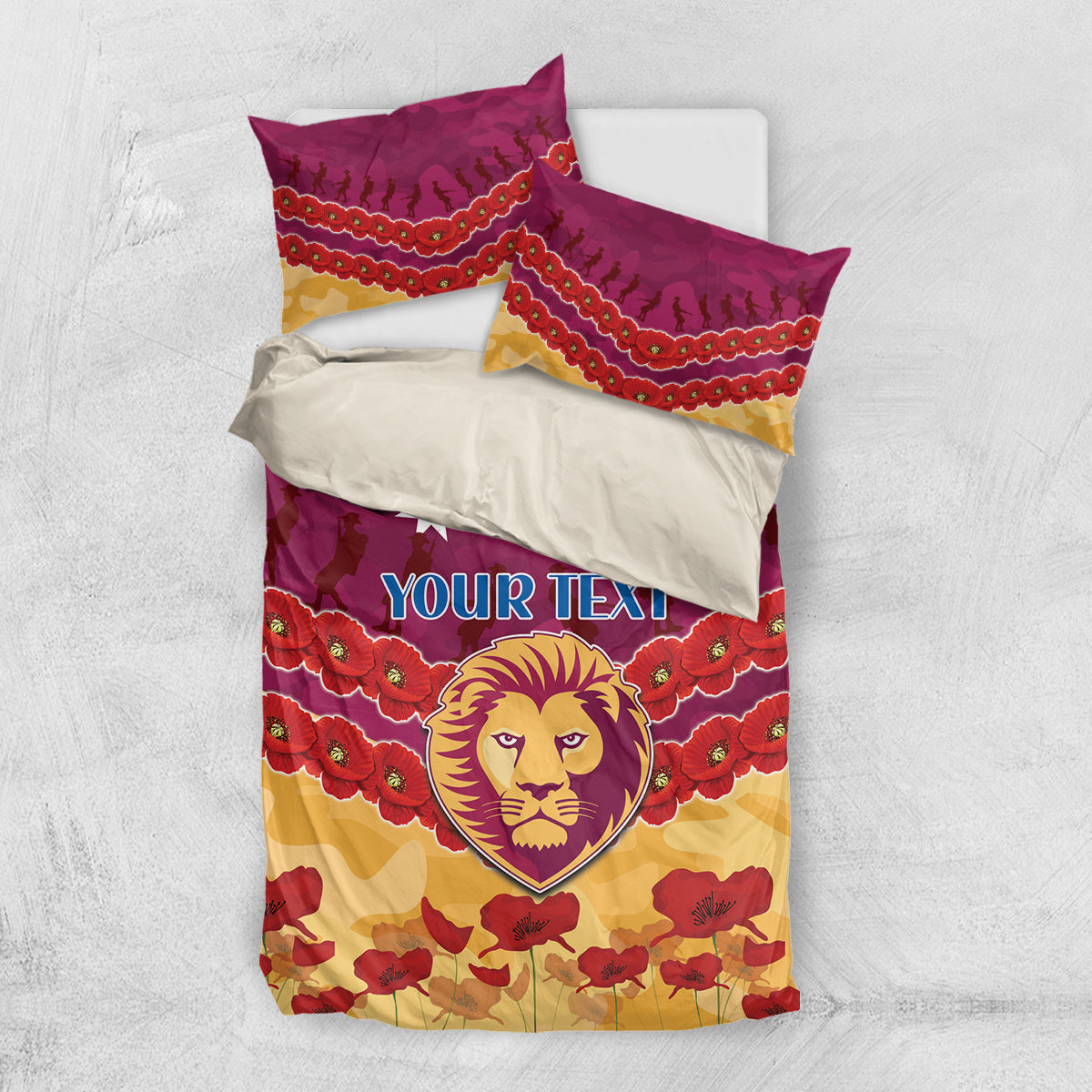 Custom Brisbane Lions Football Bedding Set ANZAC Lest We Forget - Vibe Hoodie Shop