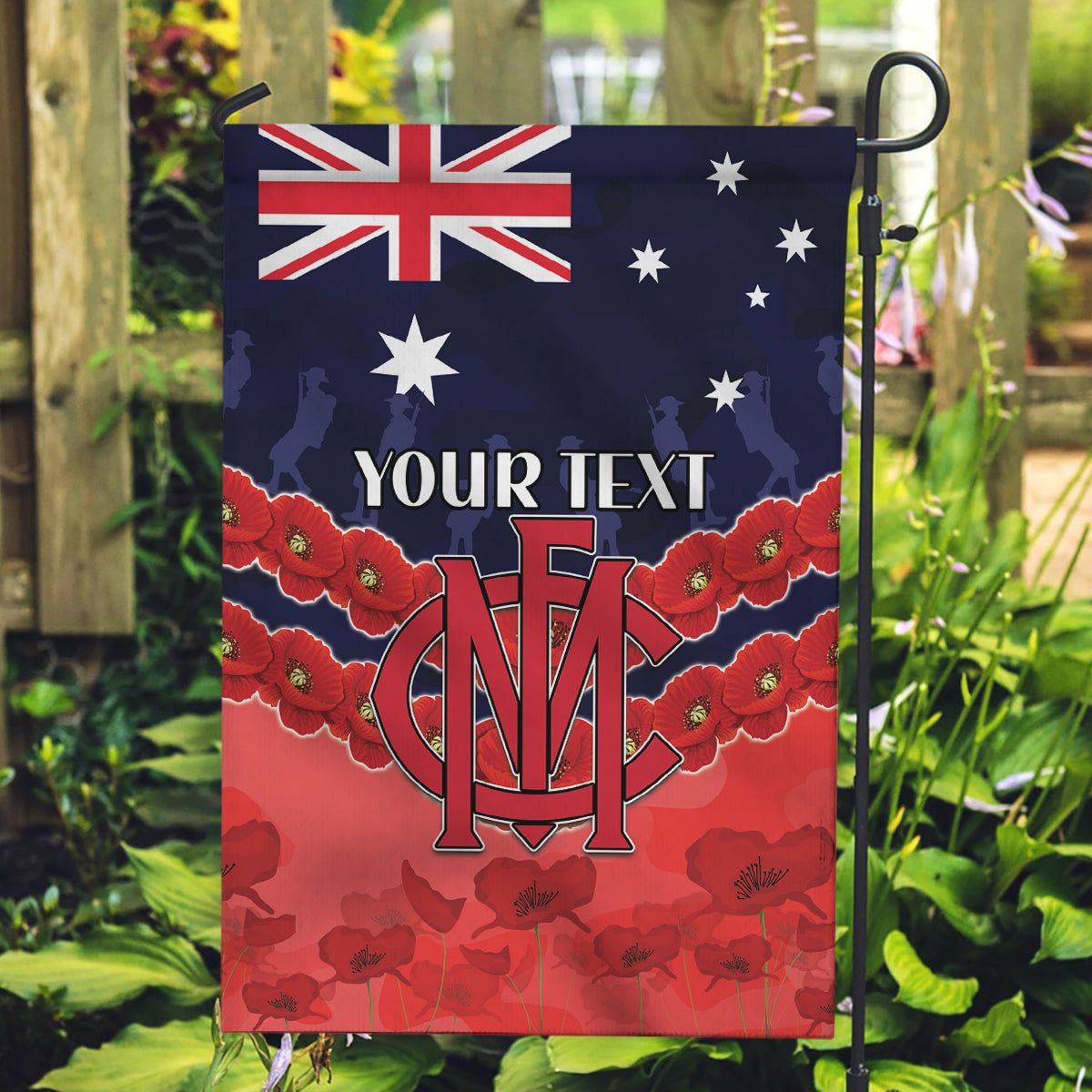 Custom Demons Football Garden Flag ANZAC Lest We Forget - Vibe Hoodie Shop