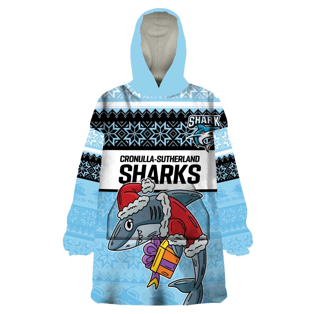 NRL Cronulla-Sutherland Christmas Personalised Wearable Blanket Hoodie with Sharkies Santa - Vibe Hoodie Shop