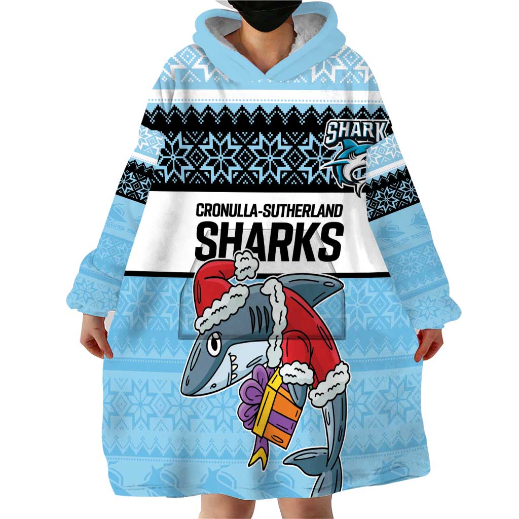 NRL Cronulla-Sutherland Christmas Personalised Wearable Blanket Hoodie with Sharkies Santa - Vibe Hoodie Shop