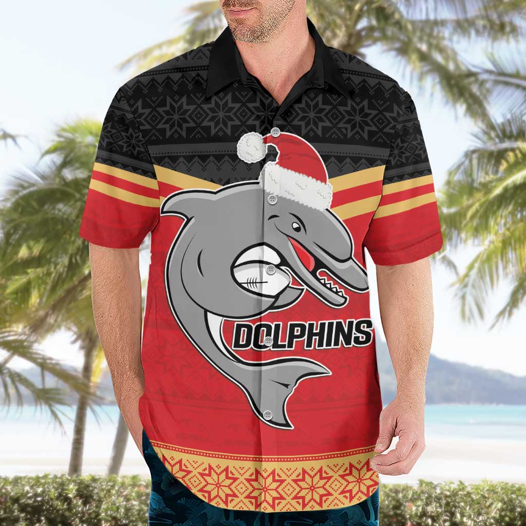 NRL Dolphins Mascot Christmas Personalised Hawaiian Shirt Black Style - Vibe Hoodie Shop