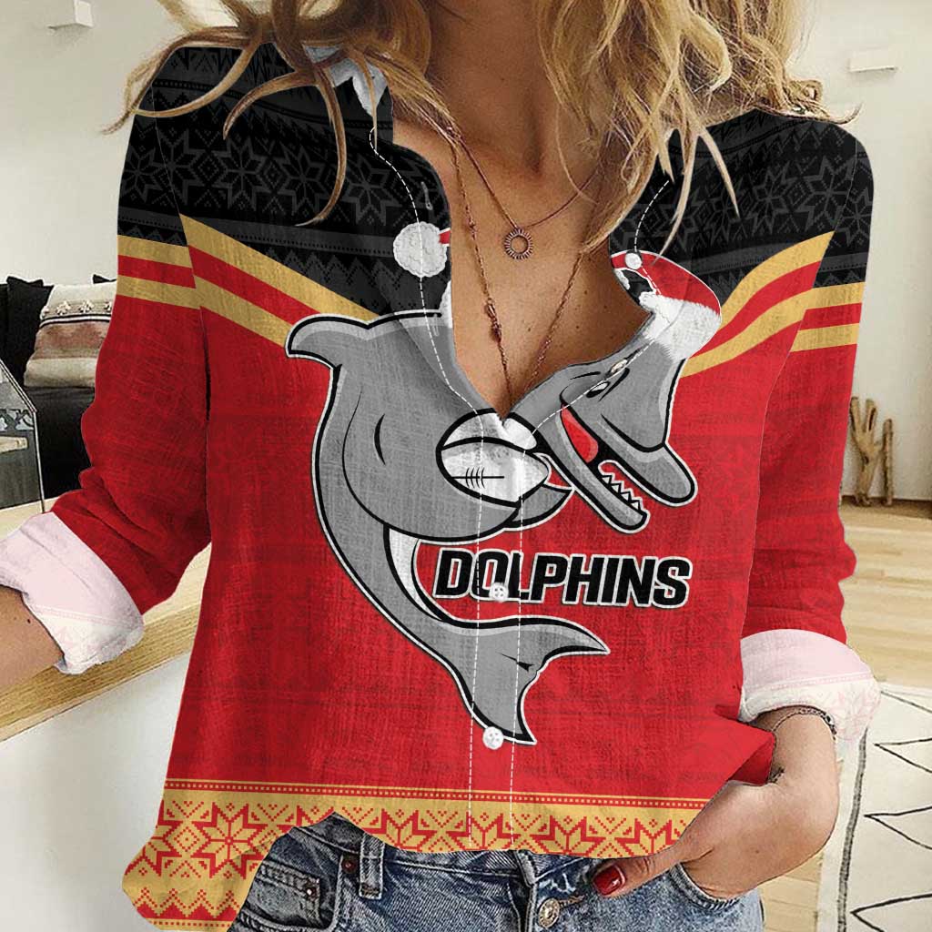 NRL Dolphins Mascot Christmas Personalised Women Casual Shirt Black Style - Vibe Hoodie Shop