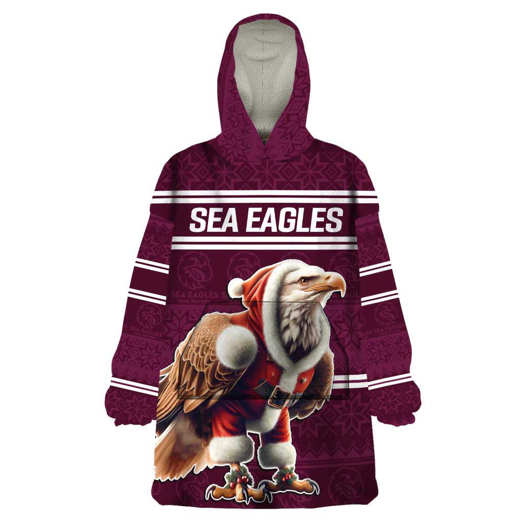 NRL Manly Warringah Christmas Personalised Wearable Blanket Hoodie with Sea Eagles Mascot - Vibe Hoodie Shop