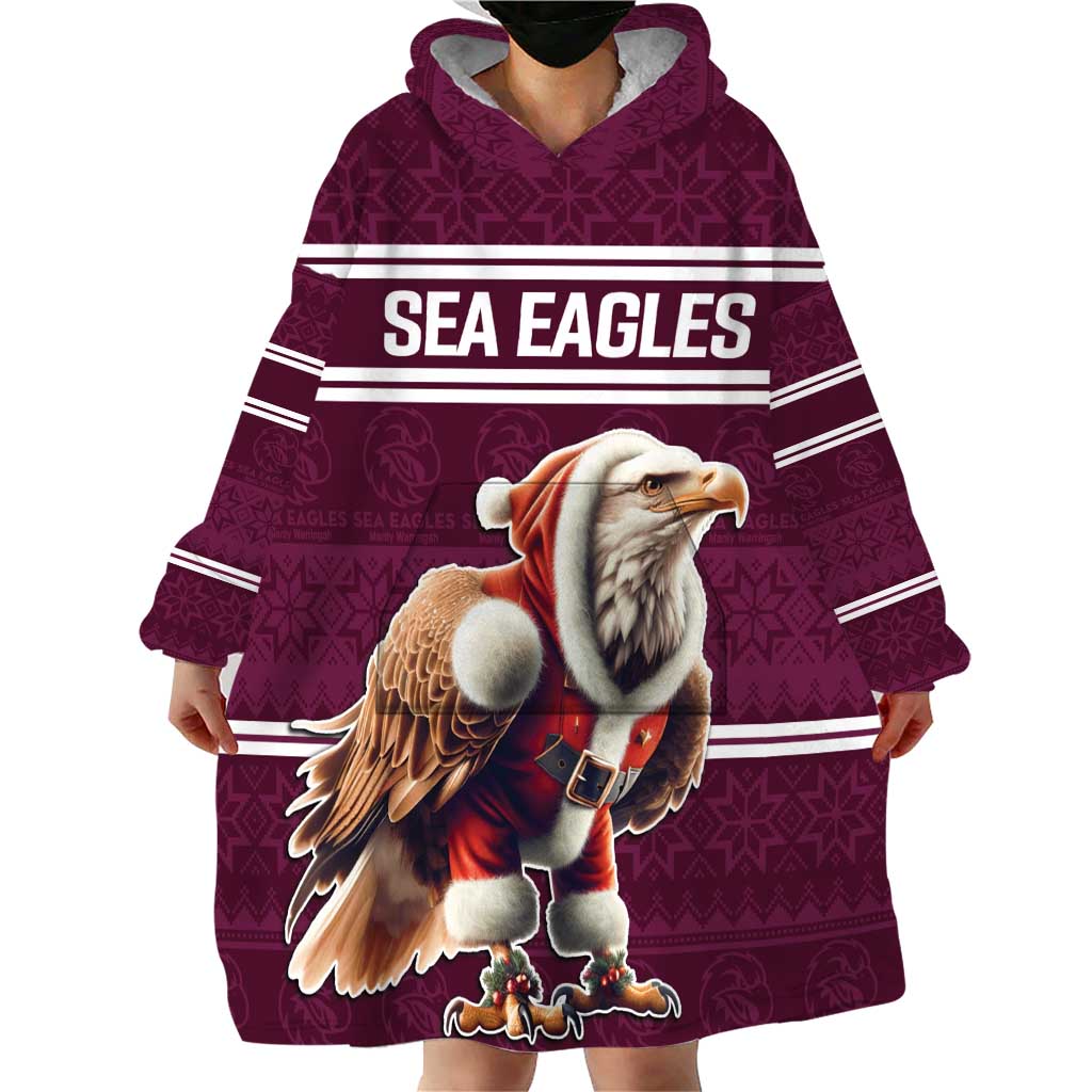 NRL Manly Warringah Christmas Personalised Wearable Blanket Hoodie with Sea Eagles Mascot - Vibe Hoodie Shop