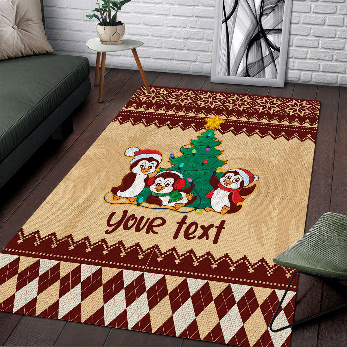 Australia Penguin Christmas Argyle Pattern Personalised Area Rug - Vibe Hoodie Shop