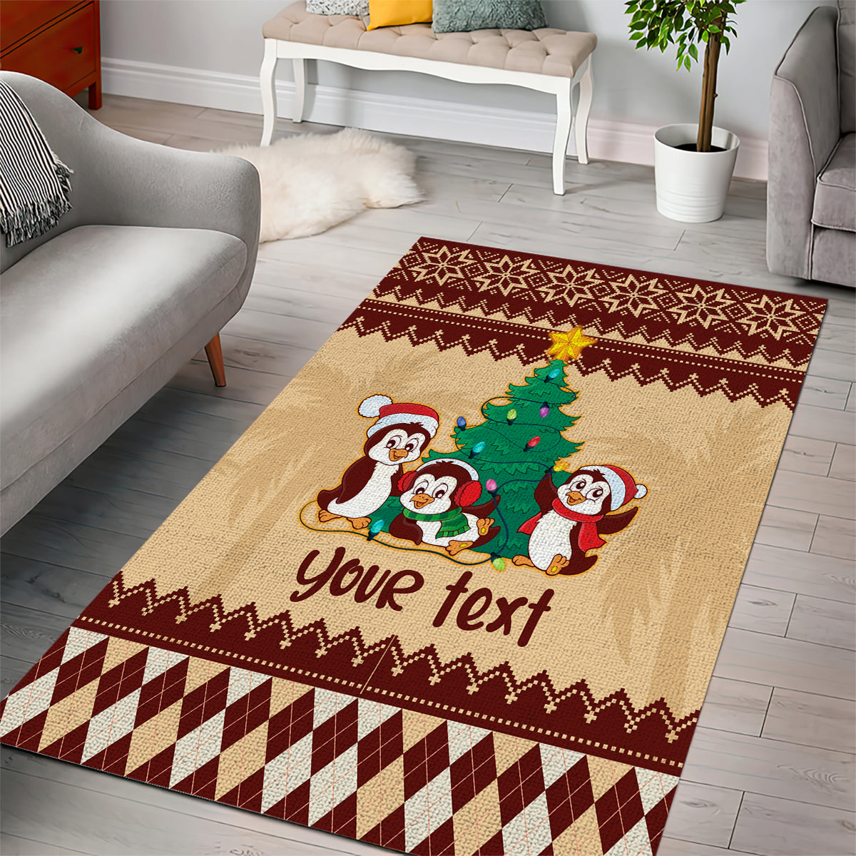 Australia Penguin Christmas Argyle Pattern Personalised Area Rug - Vibe Hoodie Shop