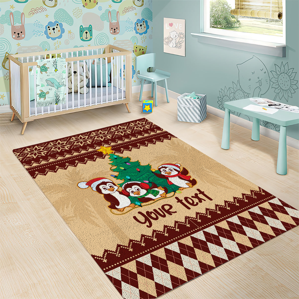 Australia Penguin Christmas Argyle Pattern Personalised Area Rug - Vibe Hoodie Shop