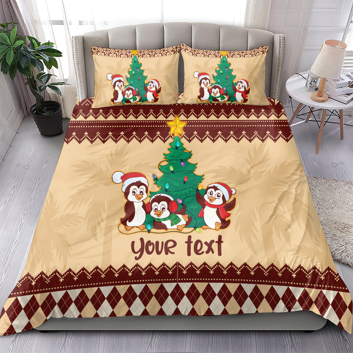 Australia Penguin Christmas Argyle Pattern Personalised Bedding Set - Vibe Hoodie Shop