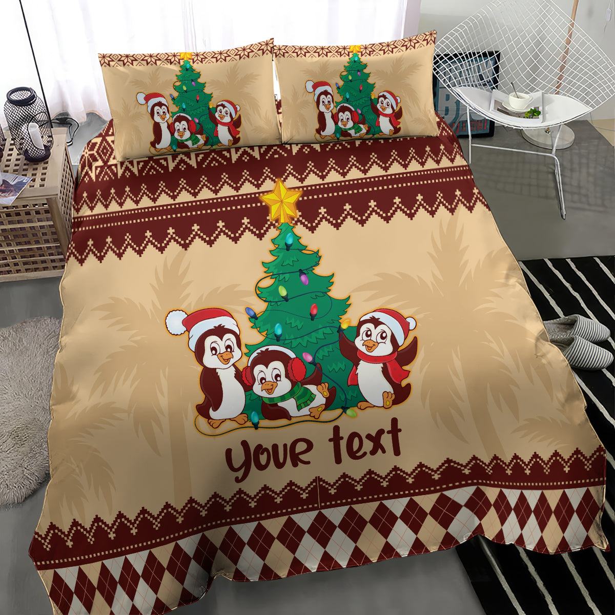 Australia Penguin Christmas Argyle Pattern Personalised Bedding Set - Vibe Hoodie Shop