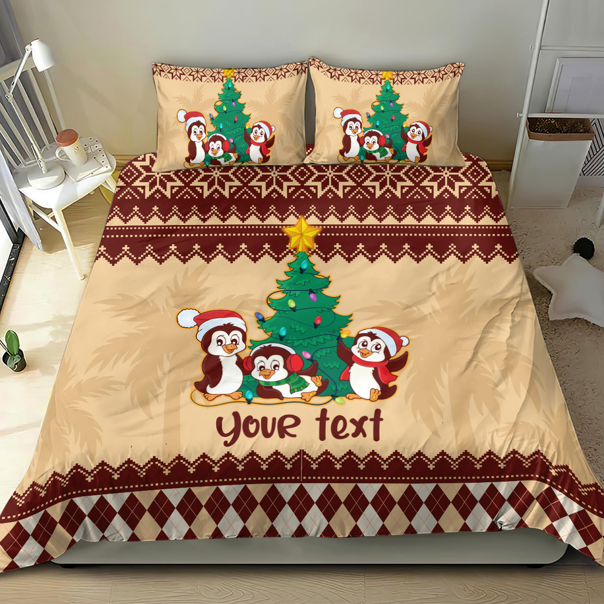 Australia Penguin Christmas Argyle Pattern Personalised Bedding Set - Vibe Hoodie Shop