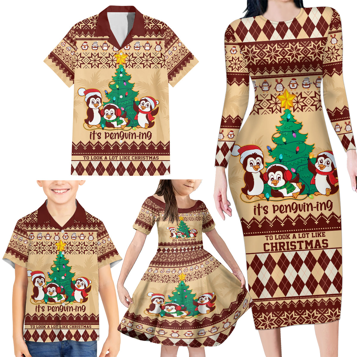 australia-penguin-christmas-argyle-pattern-personalised-family-matching-long-sleeve-bodycon-dress-and-hawaiian-shirt