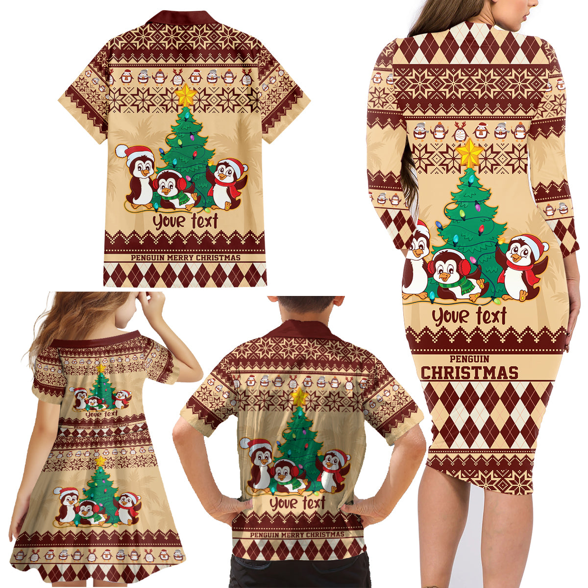 australia-penguin-christmas-argyle-pattern-personalised-family-matching-long-sleeve-bodycon-dress-and-hawaiian-shirt