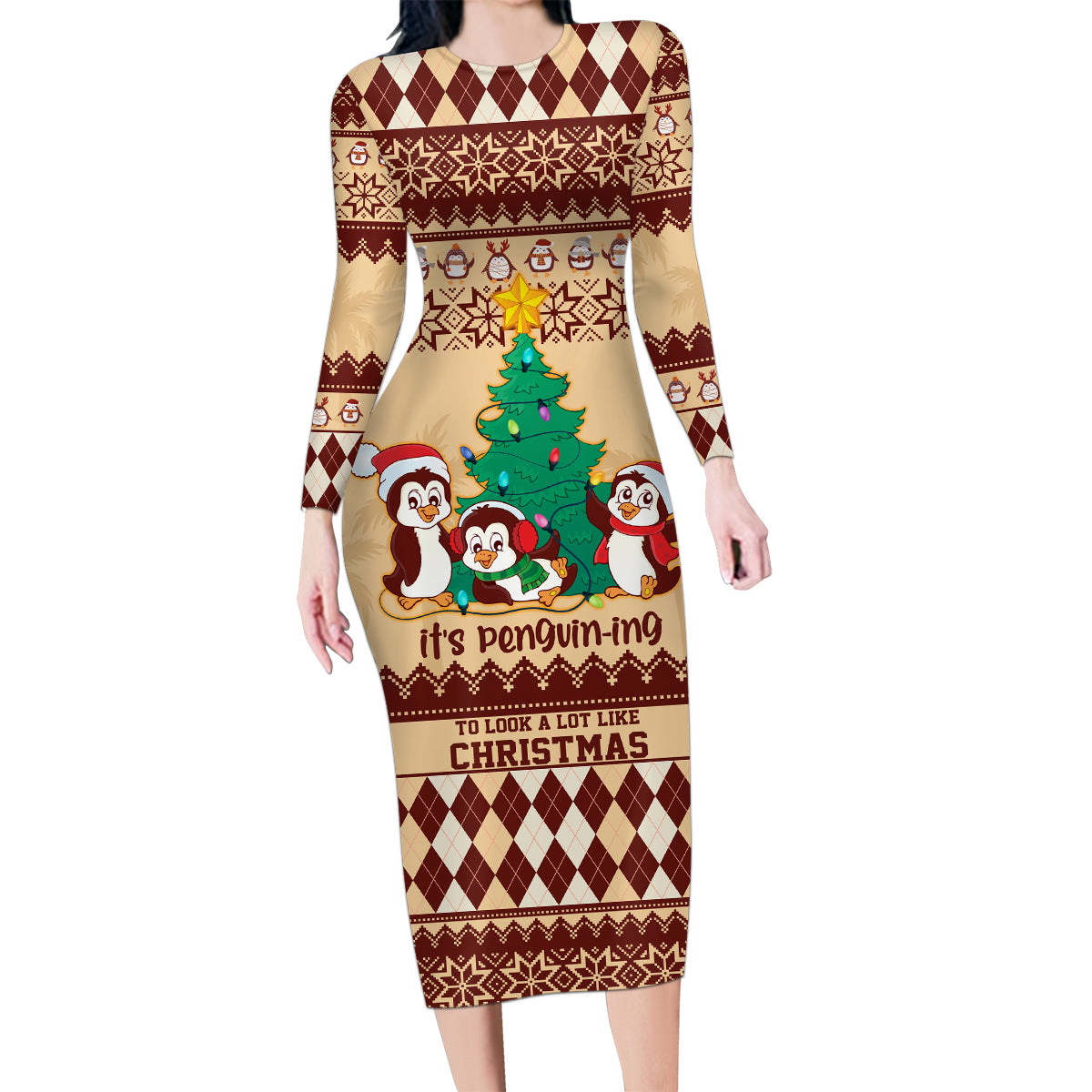 australia-penguin-christmas-argyle-pattern-personalised-family-matching-long-sleeve-bodycon-dress-and-hawaiian-shirt