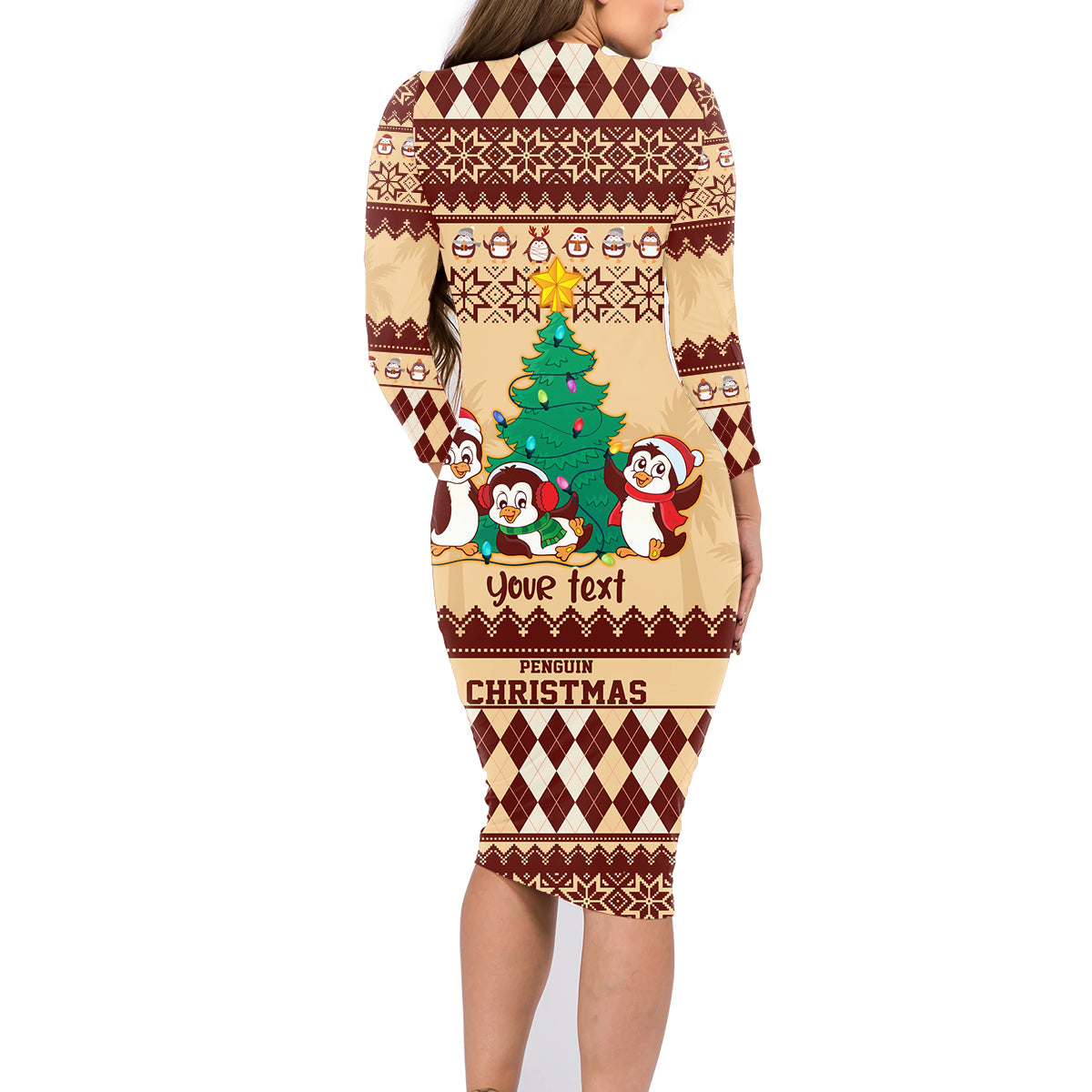 australia-penguin-christmas-argyle-pattern-personalised-family-matching-long-sleeve-bodycon-dress-and-hawaiian-shirt