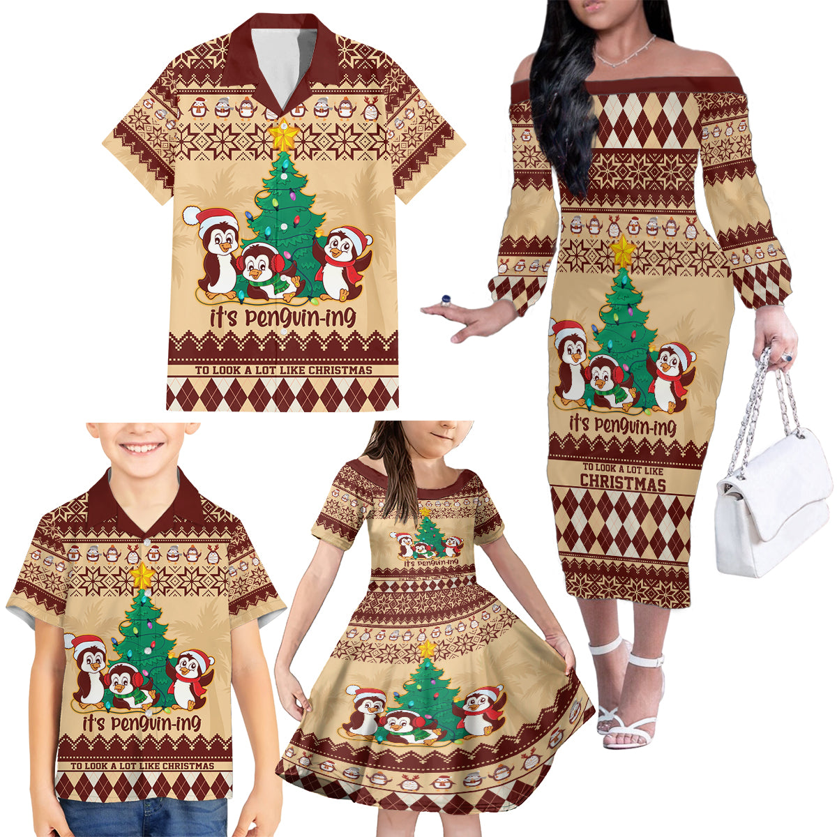 australia-penguin-christmas-argyle-pattern-personalised-family-matching-off-shoulder-long-sleeve-dress-and-hawaiian-shirt