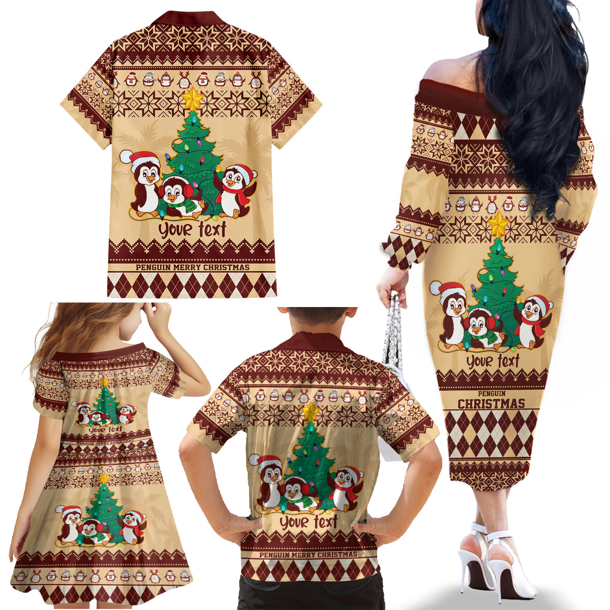 australia-penguin-christmas-argyle-pattern-personalised-family-matching-off-shoulder-long-sleeve-dress-and-hawaiian-shirt