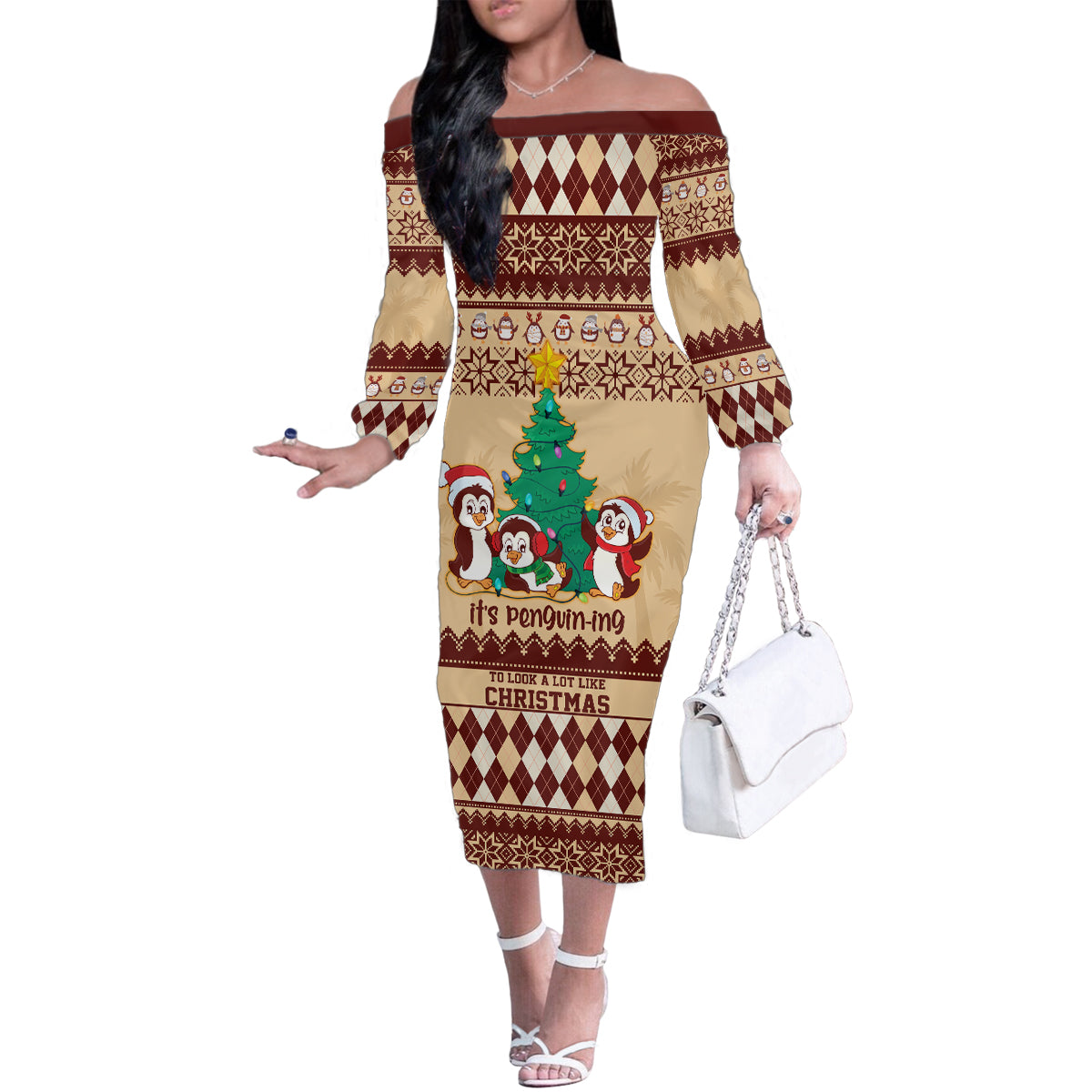 australia-penguin-christmas-argyle-pattern-personalised-family-matching-off-shoulder-long-sleeve-dress-and-hawaiian-shirt