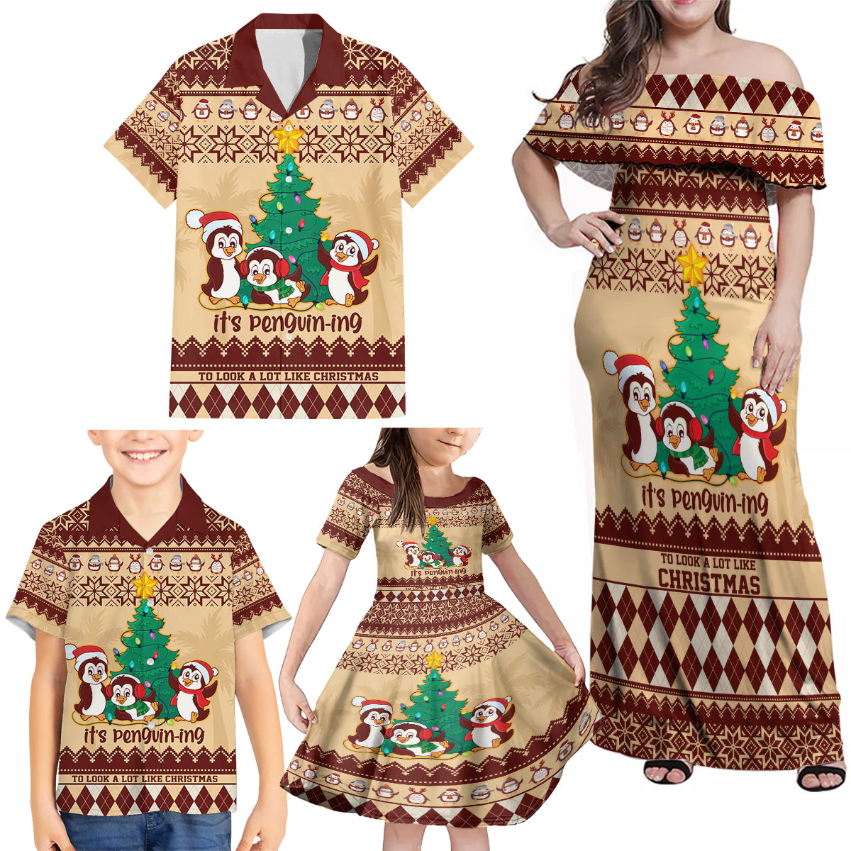 australia-penguin-christmas-argyle-pattern-personalised-family-matching-off-shoulder-maxi-dress-and-hawaiian-shirt