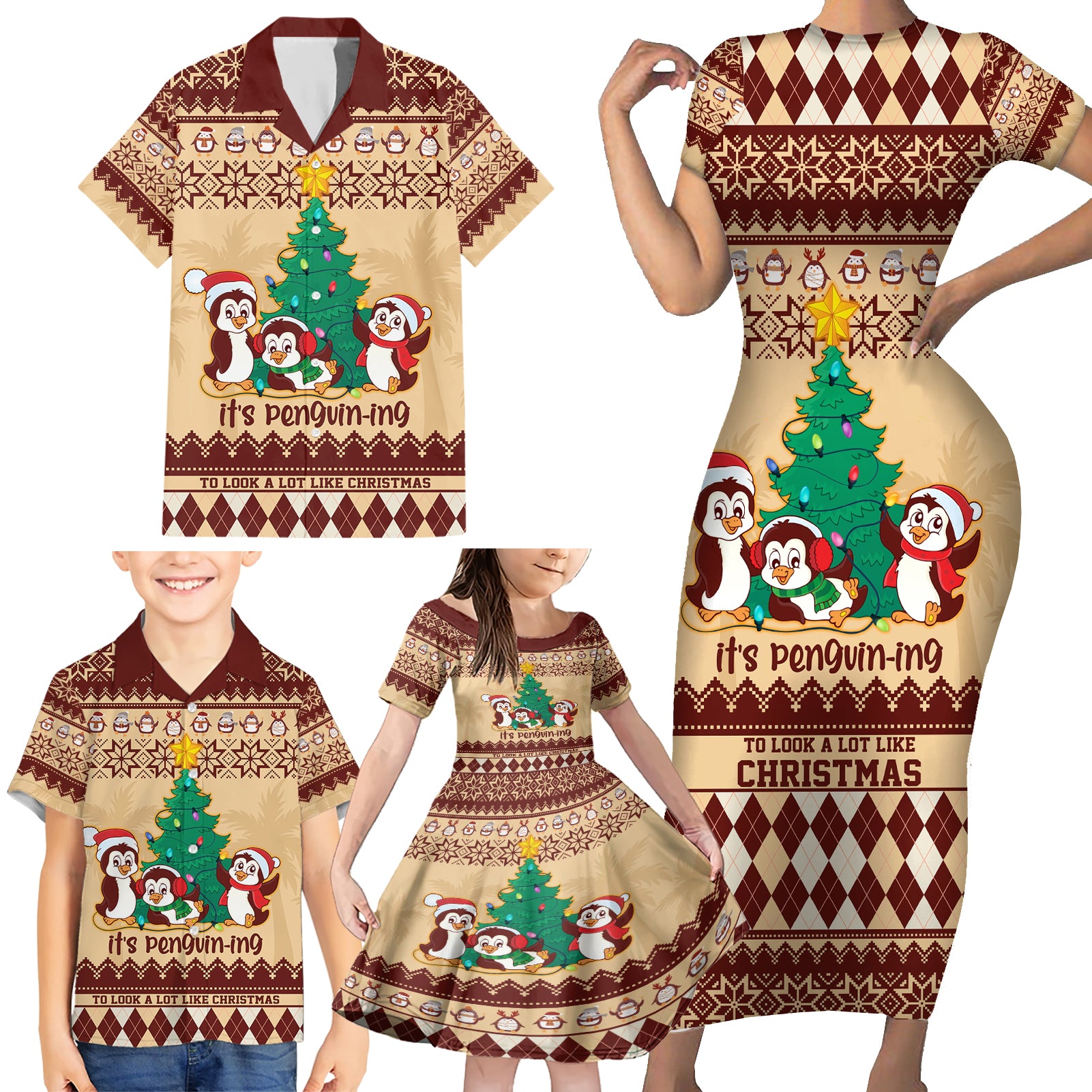 australia-penguin-christmas-argyle-pattern-personalised-family-matching-short-sleeve-bodycon-dress-and-hawaiian-shirt