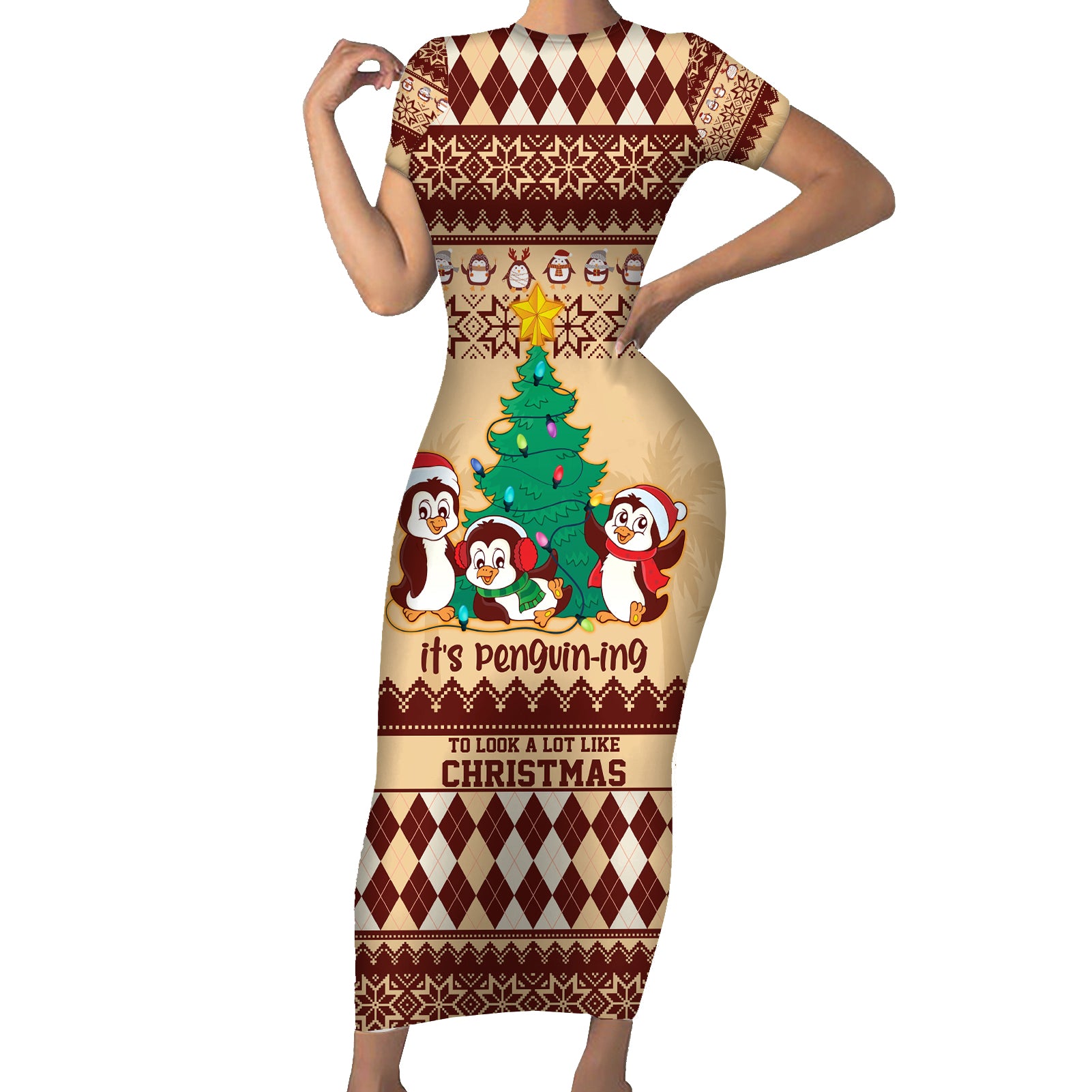 australia-penguin-christmas-argyle-pattern-personalised-family-matching-short-sleeve-bodycon-dress-and-hawaiian-shirt