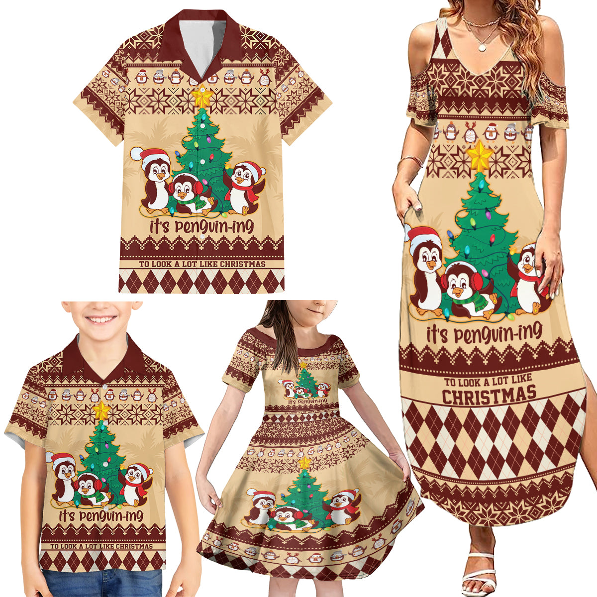 australia-penguin-christmas-argyle-pattern-personalised-family-matching-summer-maxi-dress-and-hawaiian-shirt