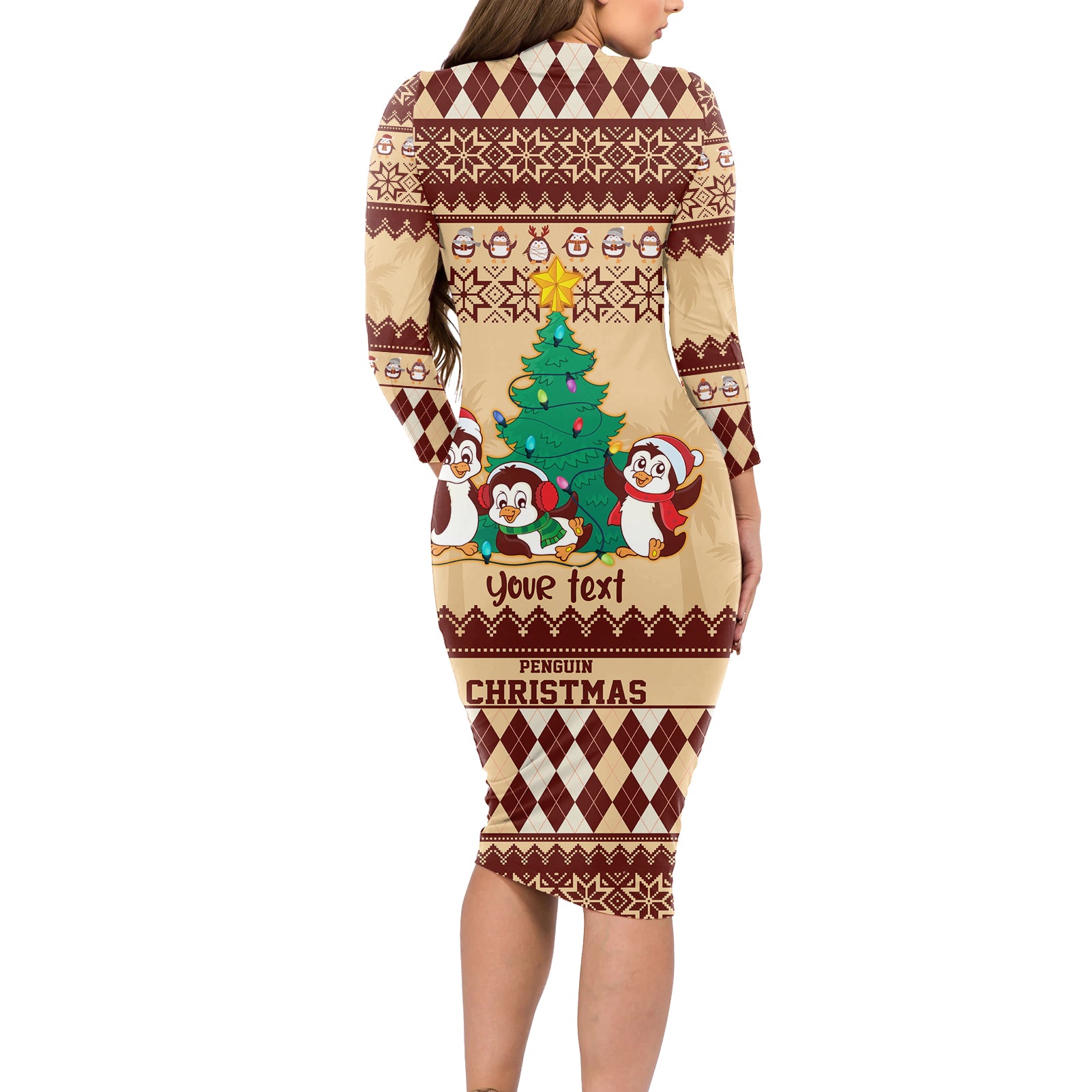 australia-penguin-christmas-argyle-pattern-personalised-long-sleeve-bodycon-dress