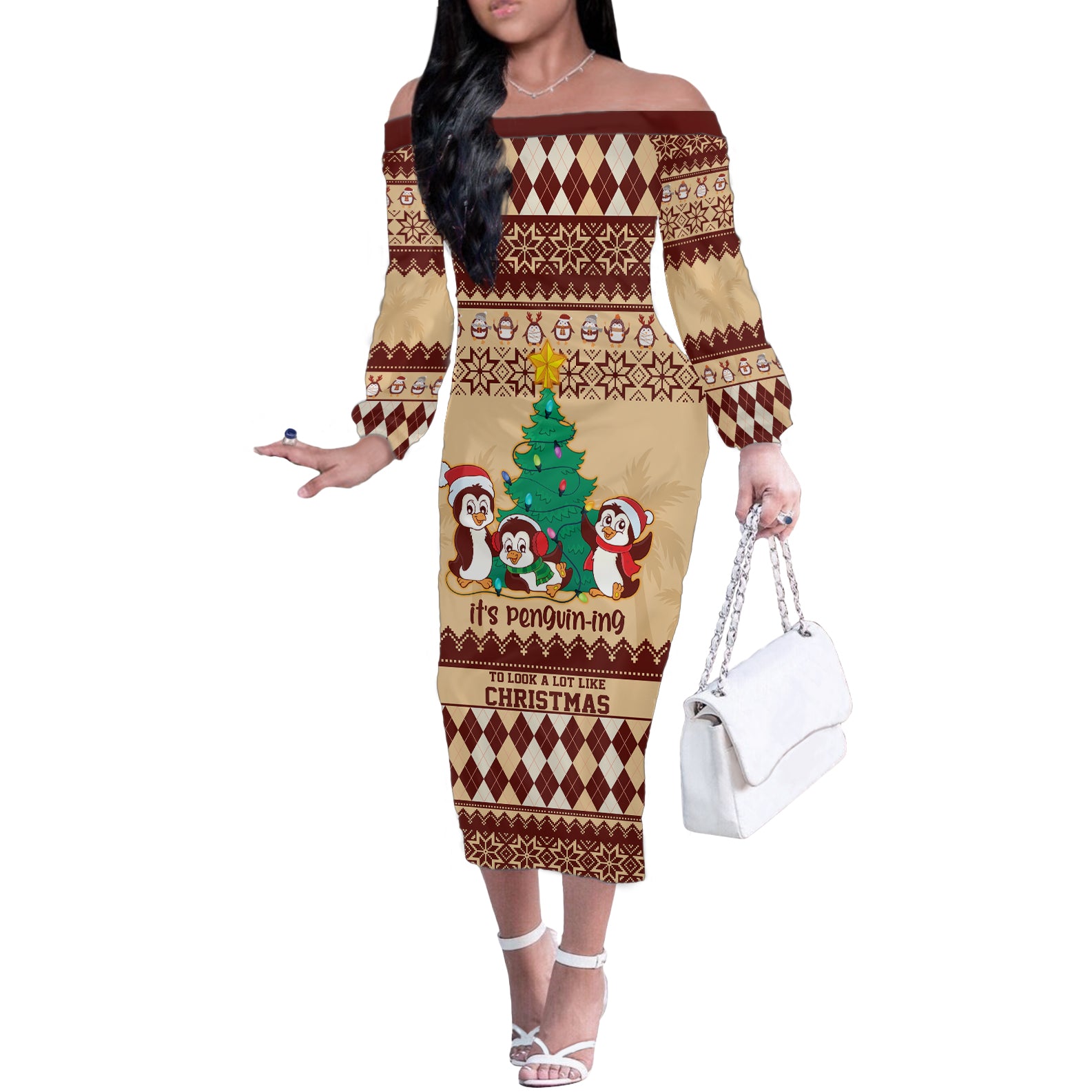 australia-penguin-christmas-argyle-pattern-personalised-off-the-shoulder-long-sleeve-dress