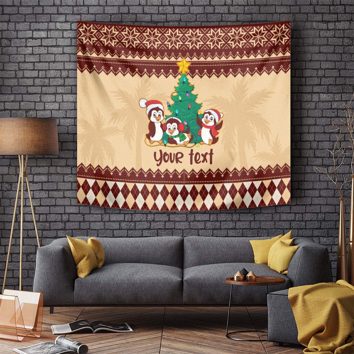 Australia Penguin Christmas Argyle Pattern Personalised Tapestry - Vibe Hoodie Shop