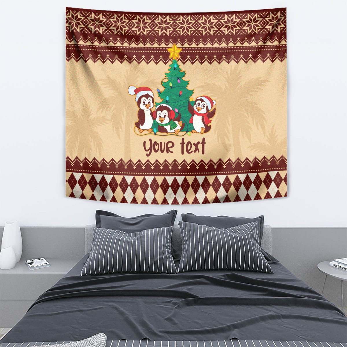 Australia Penguin Christmas Argyle Pattern Personalised Tapestry - Vibe Hoodie Shop