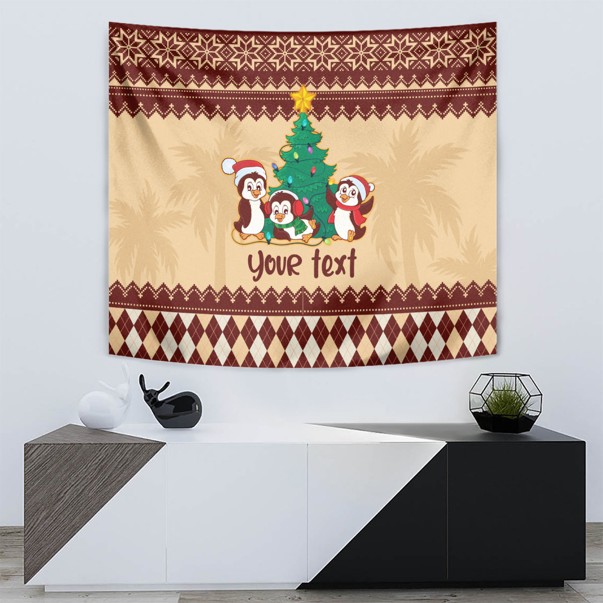 Australia Penguin Christmas Argyle Pattern Personalised Tapestry - Vibe Hoodie Shop