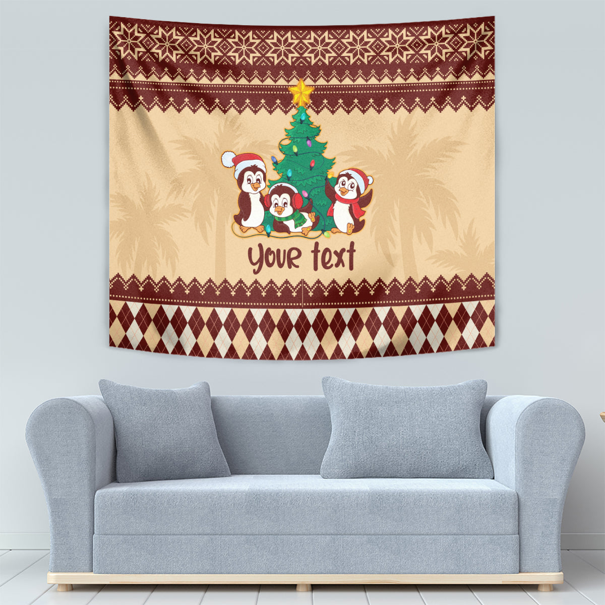 Australia Penguin Christmas Argyle Pattern Personalised Tapestry - Vibe Hoodie Shop