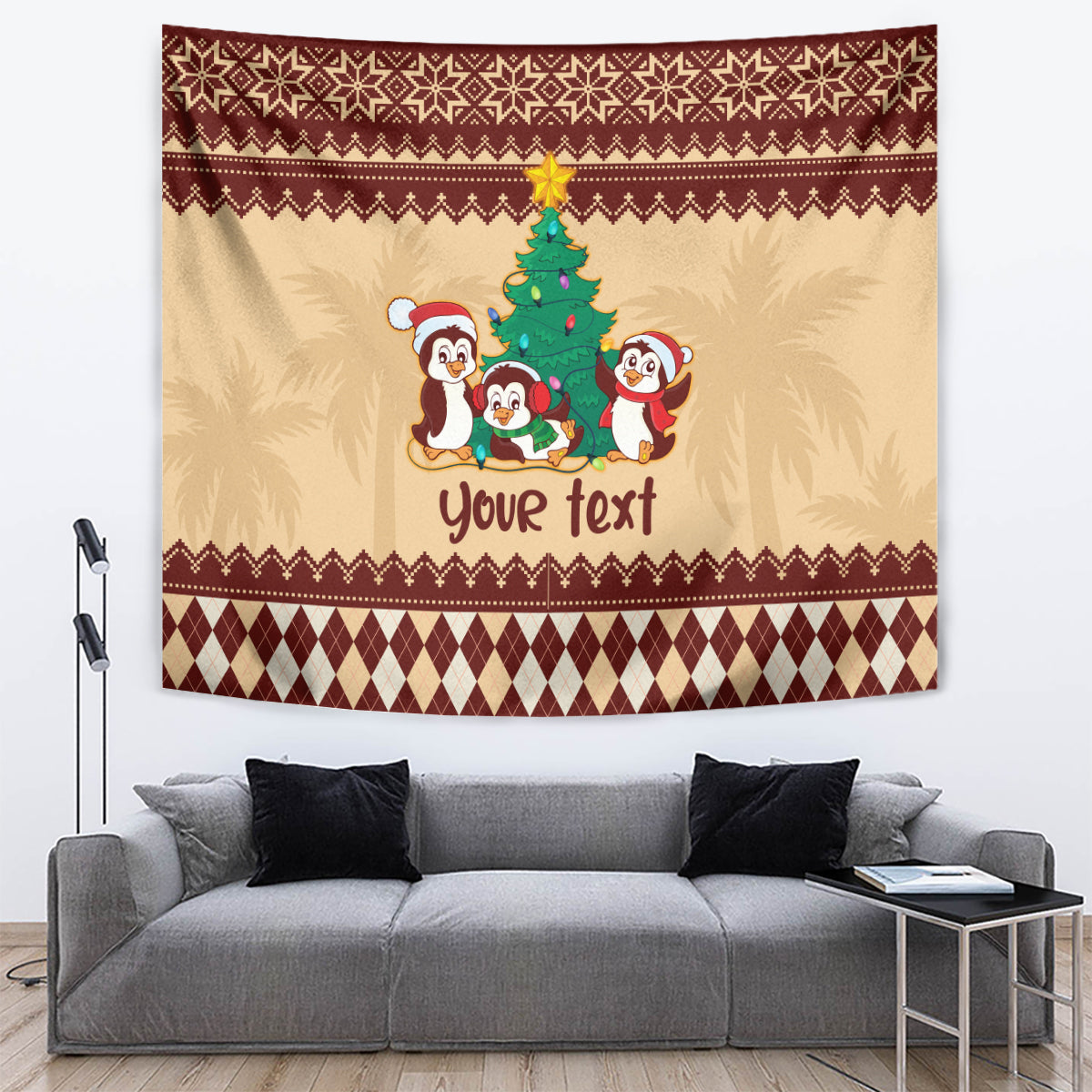Australia Penguin Christmas Argyle Pattern Personalised Tapestry - Vibe Hoodie Shop