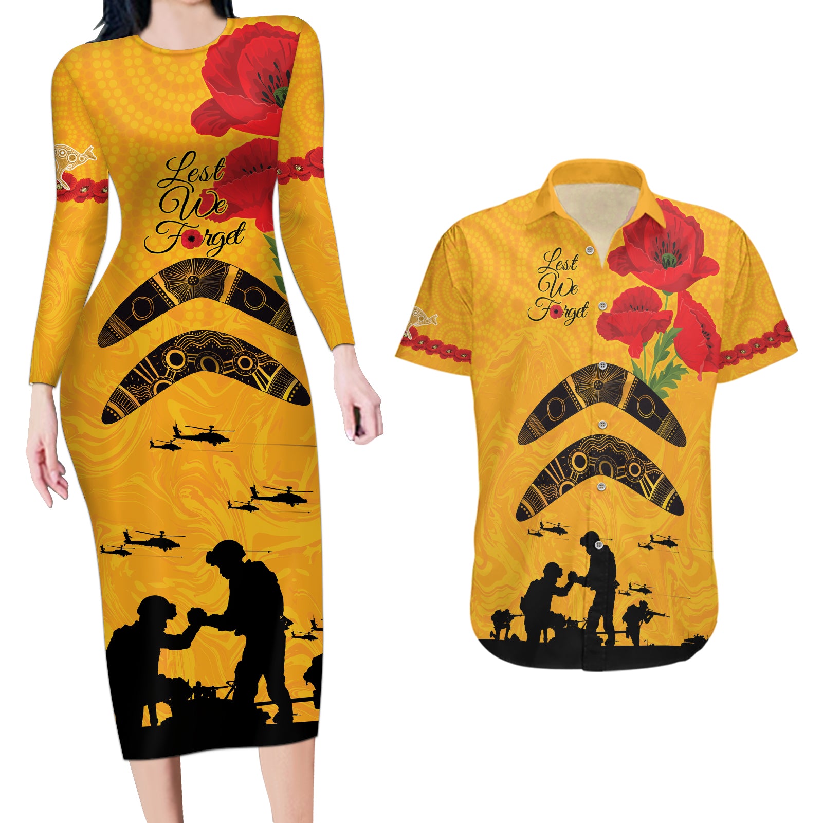 Australia Matildas Soccer ANZAC Custom Couples Matching Long Sleeve Bodycon Dress and Hawaiian Shirt Gallipoli Soldier With Aboriginal Dots Art