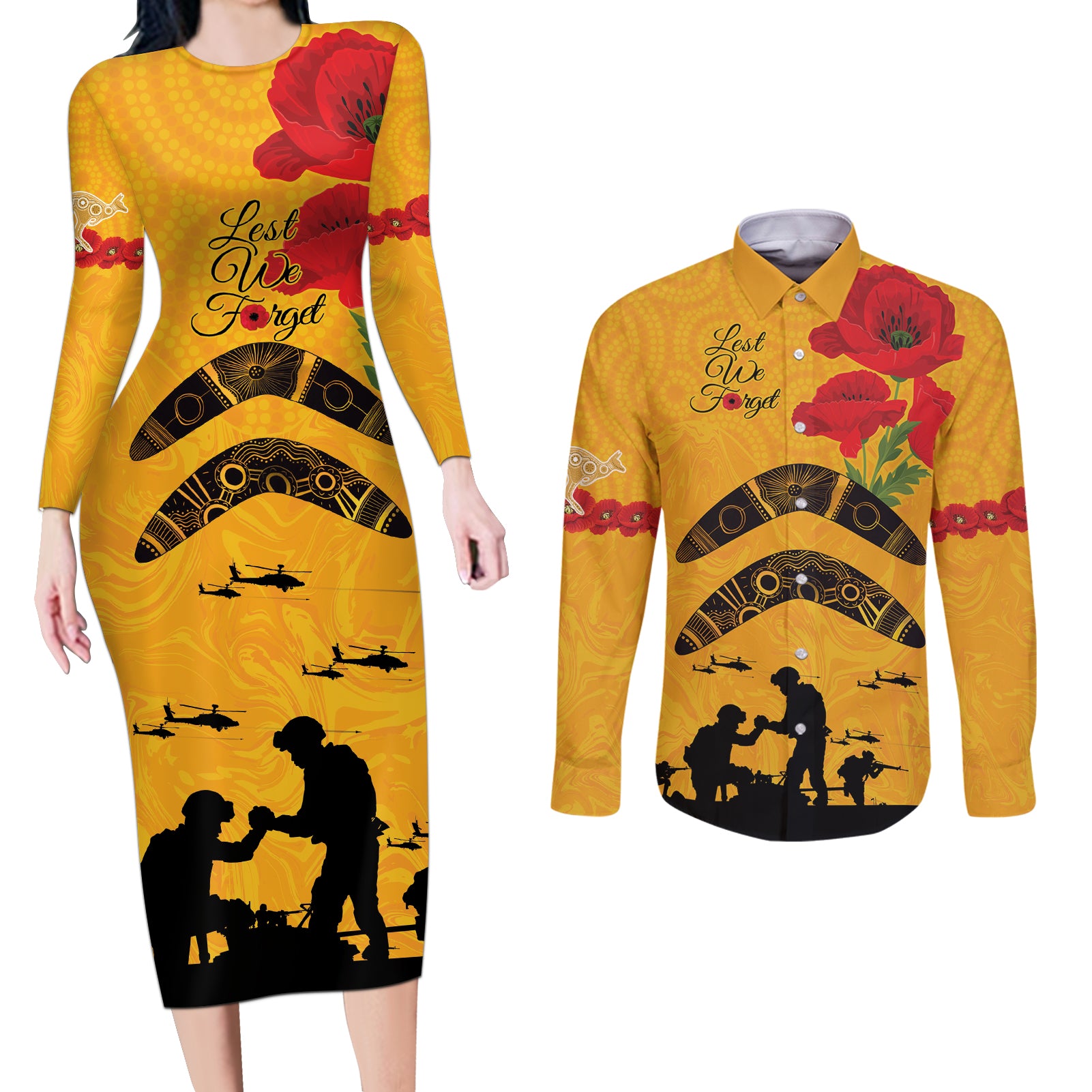 Australia Matildas Soccer ANZAC Custom Couples Matching Long Sleeve Bodycon Dress and Long Sleeve Button Shirt Gallipoli Soldier With Aboriginal Dots Art