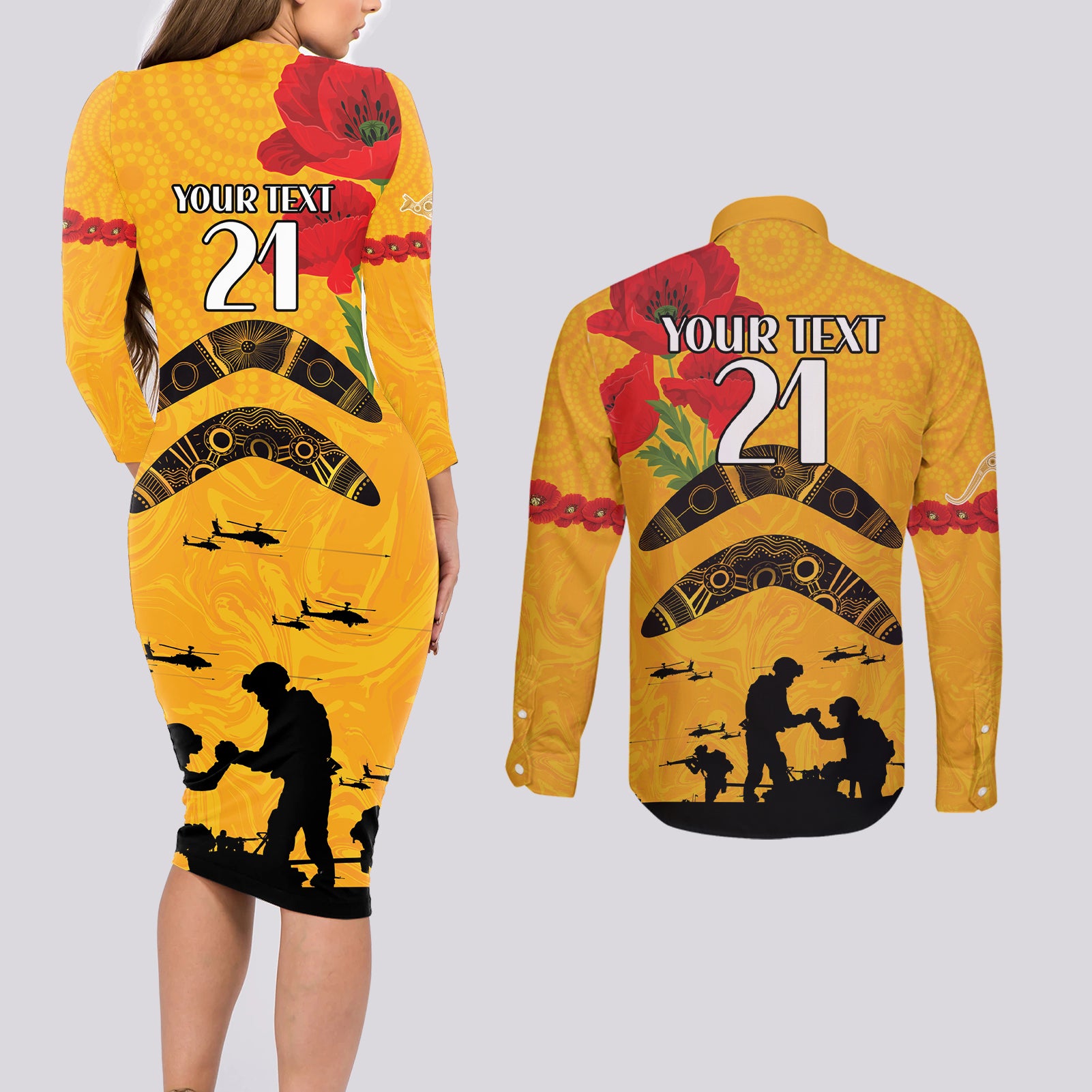 Australia Matildas Soccer ANZAC Custom Couples Matching Long Sleeve Bodycon Dress and Long Sleeve Button Shirt Gallipoli Soldier With Aboriginal Dots Art