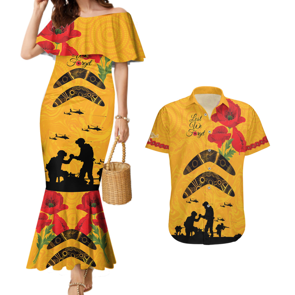 Australia Matildas Soccer ANZAC Custom Couples Matching Mermaid Dress and Hawaiian Shirt Gallipoli Soldier With Aboriginal Dots Art