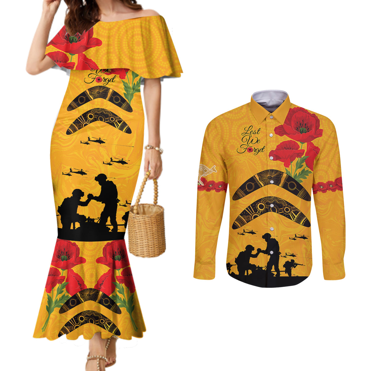 Australia Matildas Soccer ANZAC Custom Couples Matching Mermaid Dress and Long Sleeve Button Shirt Gallipoli Soldier With Aboriginal Dots Art