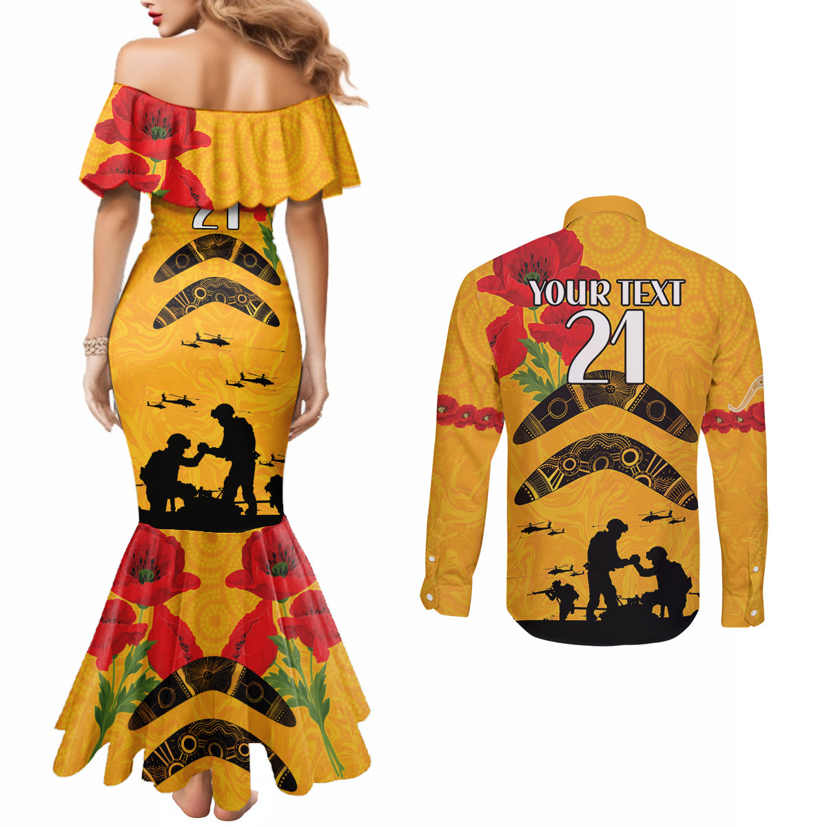 Australia Matildas Soccer ANZAC Custom Couples Matching Mermaid Dress and Long Sleeve Button Shirt Gallipoli Soldier With Aboriginal Dots Art