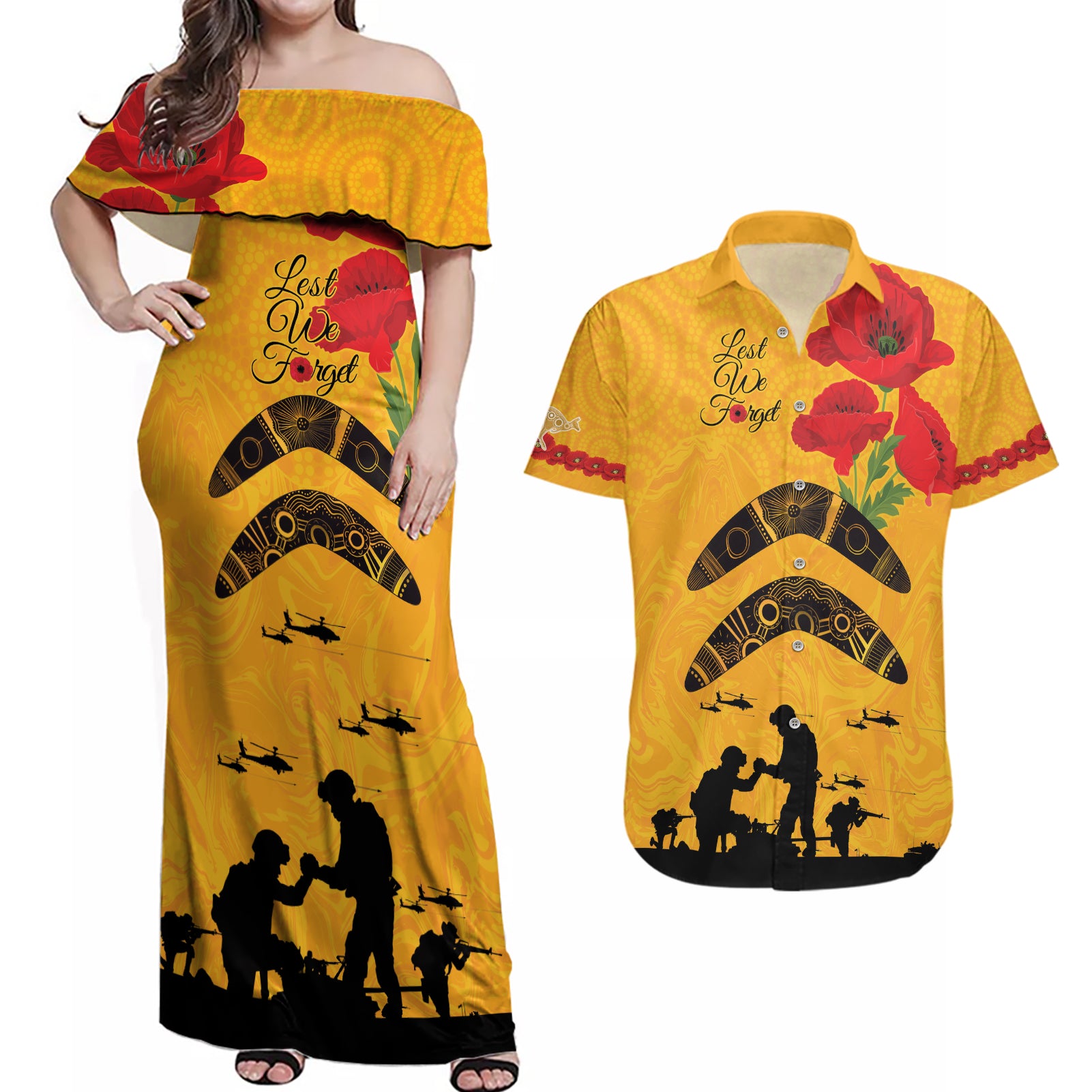 Australia Matildas Soccer ANZAC Custom Couples Matching Off Shoulder Maxi Dress and Hawaiian Shirt Gallipoli Soldier With Aboriginal Dots Art