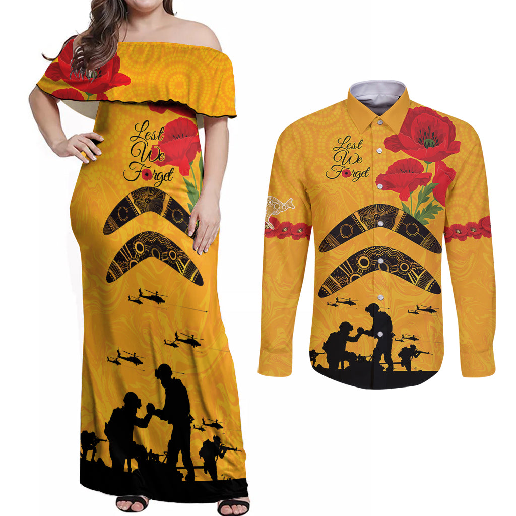 Australia Matildas Soccer ANZAC Custom Couples Matching Off Shoulder Maxi Dress and Long Sleeve Button Shirt Gallipoli Soldier With Aboriginal Dots Art
