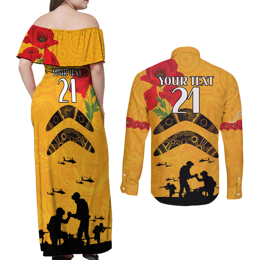 Australia Matildas Soccer ANZAC Custom Couples Matching Off Shoulder Maxi Dress and Long Sleeve Button Shirt Gallipoli Soldier With Aboriginal Dots Art