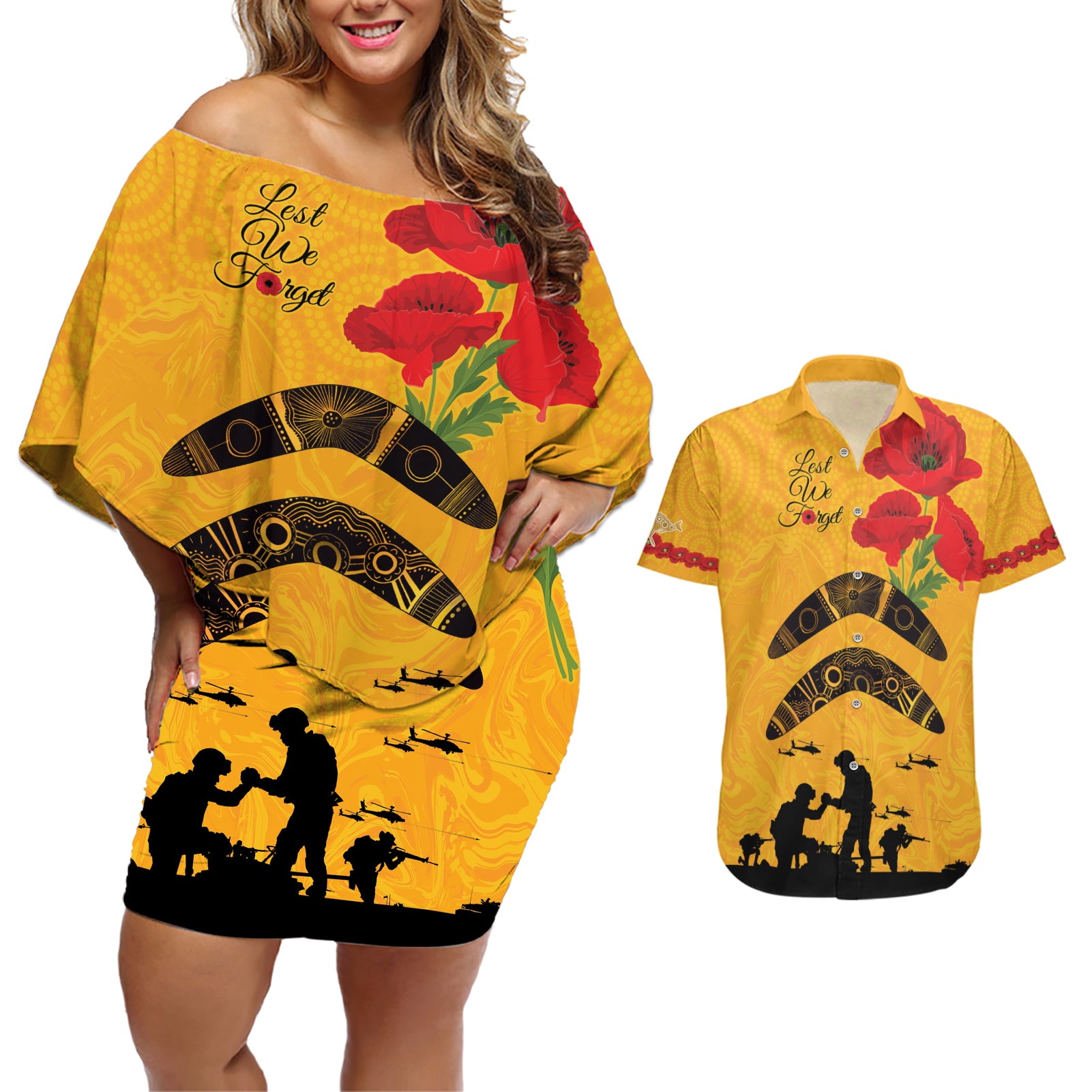 Australia Matildas Soccer ANZAC Custom Couples Matching Off Shoulder Short Dress and Hawaiian Shirt Gallipoli Soldier With Aboriginal Dots Art