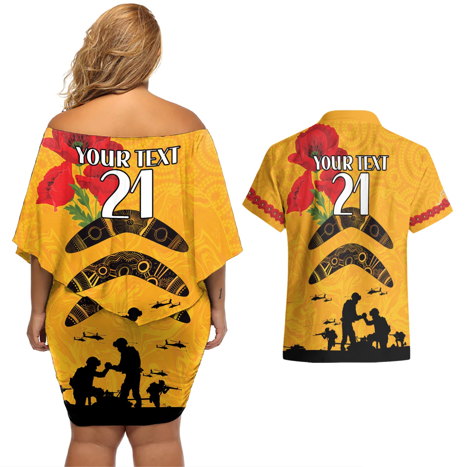 Australia Matildas Soccer ANZAC Custom Couples Matching Off Shoulder Short Dress and Hawaiian Shirt Gallipoli Soldier With Aboriginal Dots Art