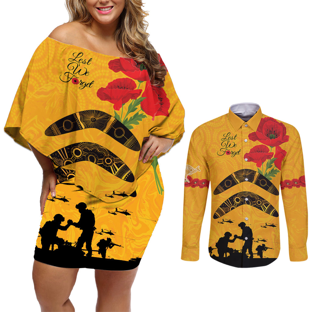 Australia Matildas Soccer ANZAC Custom Couples Matching Off Shoulder Short Dress and Long Sleeve Button Shirt Gallipoli Soldier With Aboriginal Dots Art