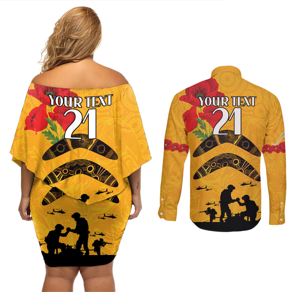 Australia Matildas Soccer ANZAC Custom Couples Matching Off Shoulder Short Dress and Long Sleeve Button Shirt Gallipoli Soldier With Aboriginal Dots Art